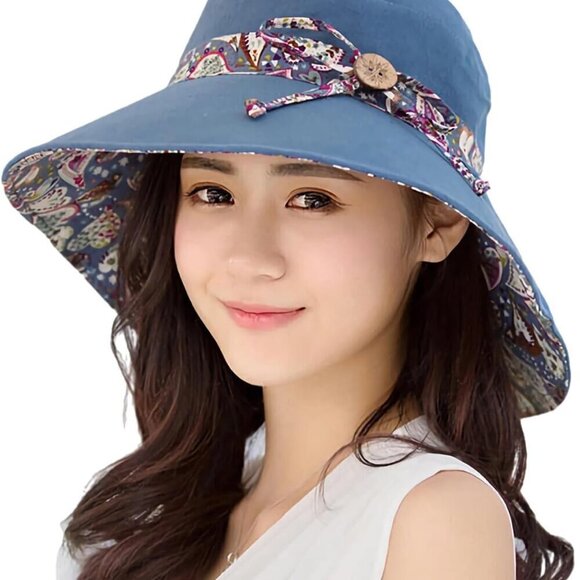 Accessories - Women Bohemian Reversible Sun Hat Wide Brim UV Protection Cotton Polyester